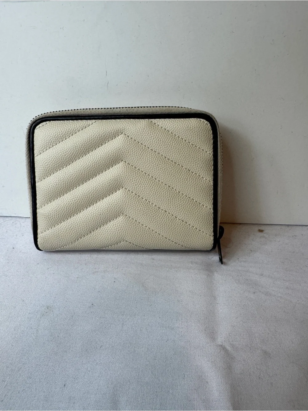 Saint Laurent Cream Quilted Leather Zip Wallet with Black Logo Trim